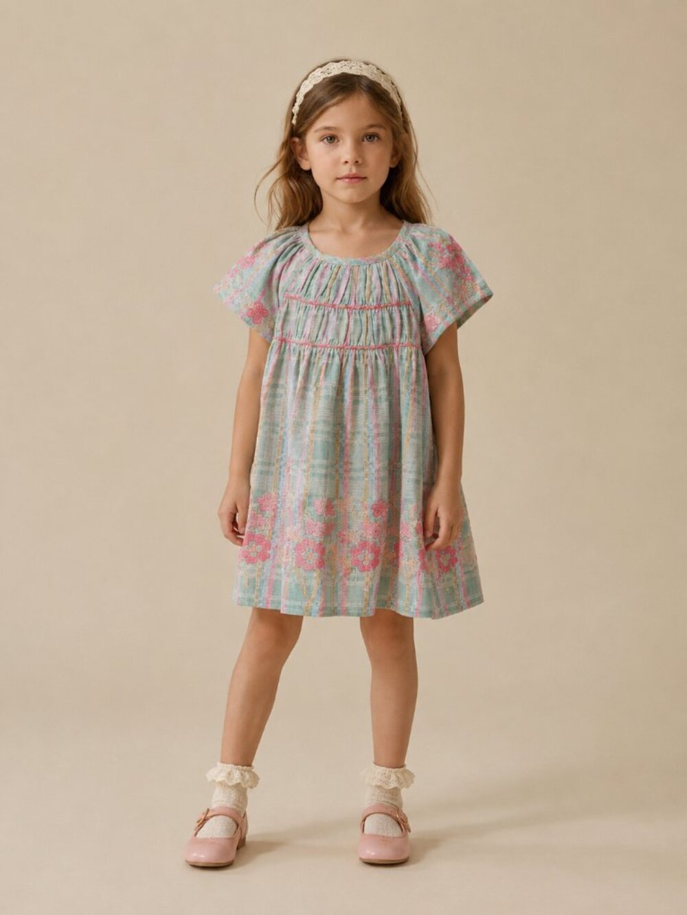 LALI Mini Embroidered Tulip Dress in Minty Chex 100% Cotton